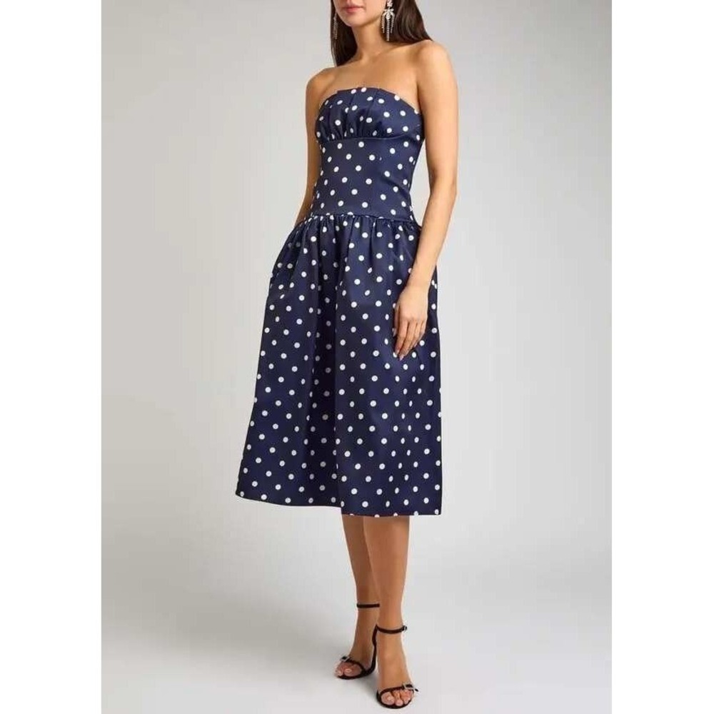 Self-Portrait Polka Dot Satin Midi Dress Navy Blue White Strapless Midi Sz 4 US